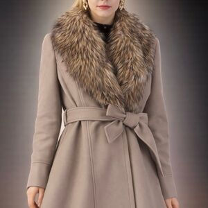 Calvin Klein Taupe Trench Coat with Faux Fur Collar